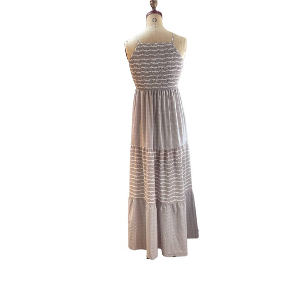 Womens Maxi Dress Brown Striped Tiered Skirt Smocked Sleeveless Pullover S - Picture 6 of 8